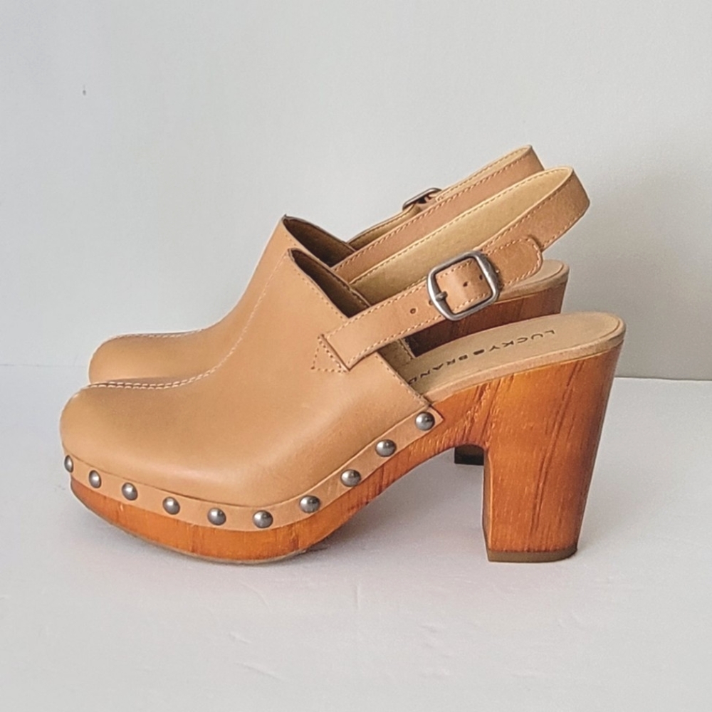 Lucky Brand Tan Leather Clogs with Wooden Heel